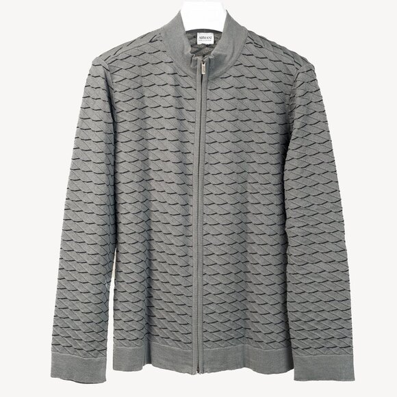 Armani Collezioni Grey Geometric Textured-Knit Zip Jacket - Picture 1 of 10